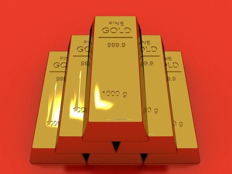 Gold bars isolated on red