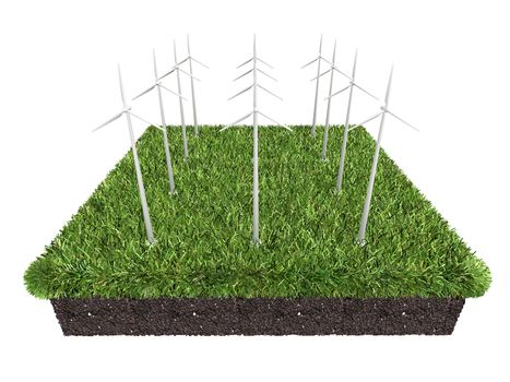 Wind turbines farm, 3d rendering