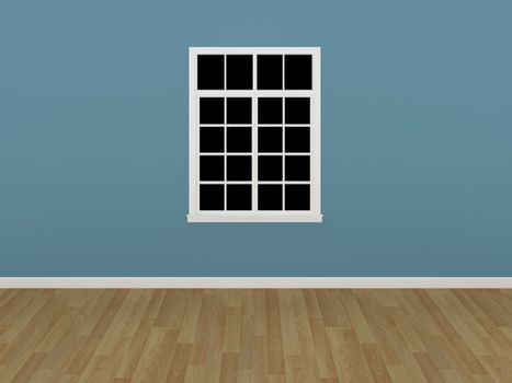 the window on the blue wall in a empty room