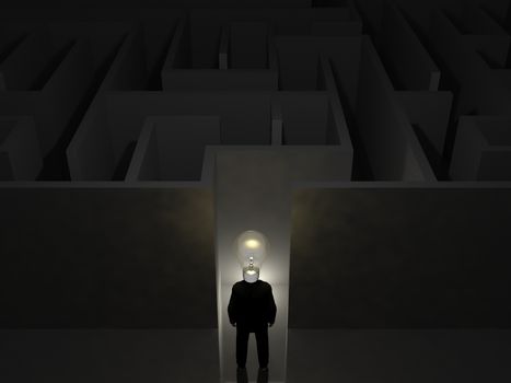 Businessman with bulb  in front of a   mysterious maze