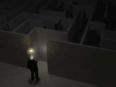 Businessman with bulb  in front of a   mysterious maze