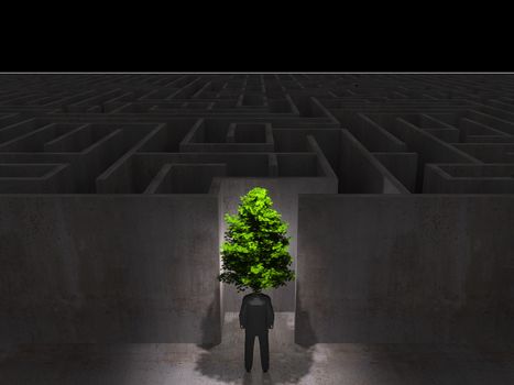 man with tree in front of a huge maze,eco concept