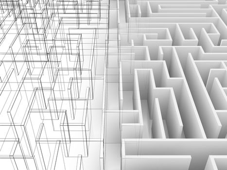 endless maze 3d illustration,wire frame