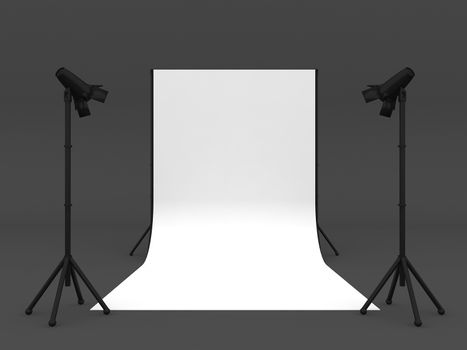 Photo Studio with White Screen a isolated on grey background  ,3d rendering