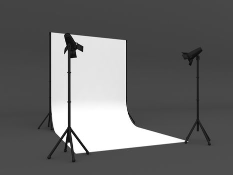 Photo Studio with White Screen a isolated on grey background  ,3d rendering