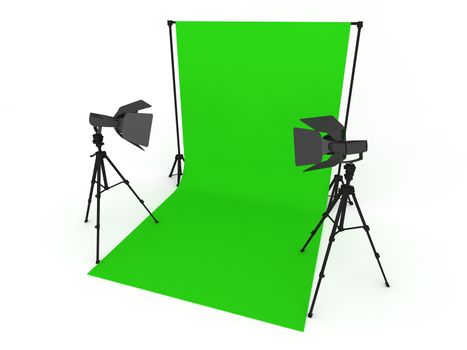photo studio with green screen and light equipment isolated on white background