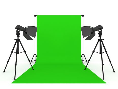 photo studio with green screen and light equipment isolated on white background