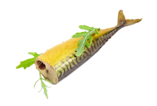 Whole cold-smoked Atlantic mackerel with several arugula leaves closeup on a light background
