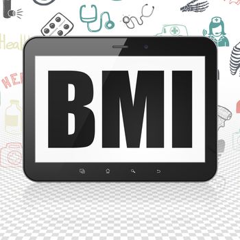 Medicine concept: Tablet Computer with  black text BMI on display,  Hand Drawn Medicine Icons background, 3D rendering