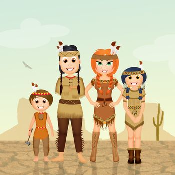 illustration of Indians family in the desert
