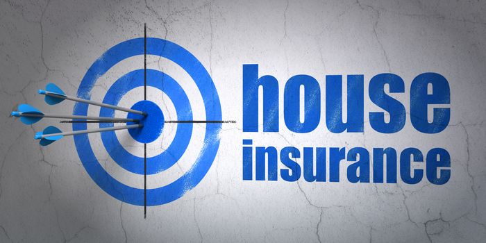 Success Insurance concept: arrows hitting the center of target, Blue House Insurance on wall background, 3D rendering