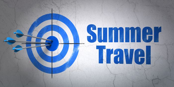 Success travel concept: arrows hitting the center of target, Blue Summer Travel on wall background, 3D rendering