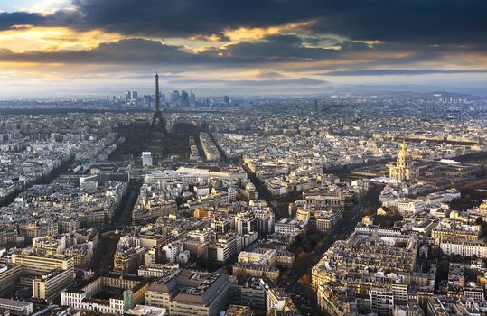 View of the Eiffel tower at sunset from Tour Montparnasse, Paris.