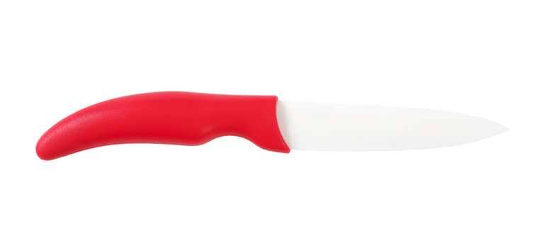 ceramic kitchen knife with white blade and red handle