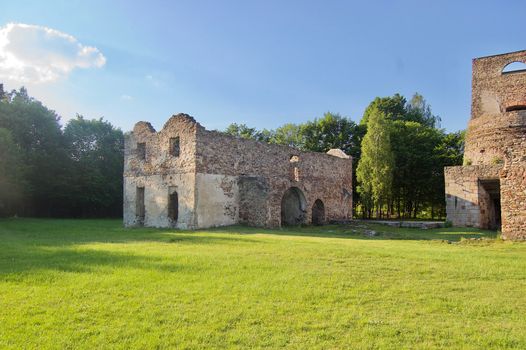 Old brick buildings in poland on the green land with tree.