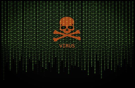 Red skull virus on green binary computer code background
