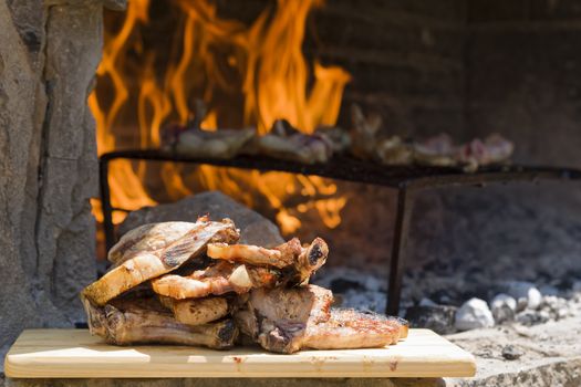 Meat roast in the barbecue in the countryside