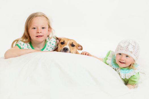 two little girls and dog on the isolated background