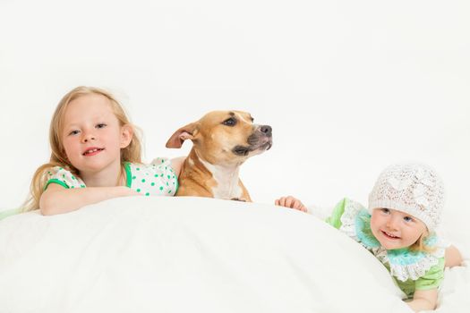 two little girls and dog on the isolated background