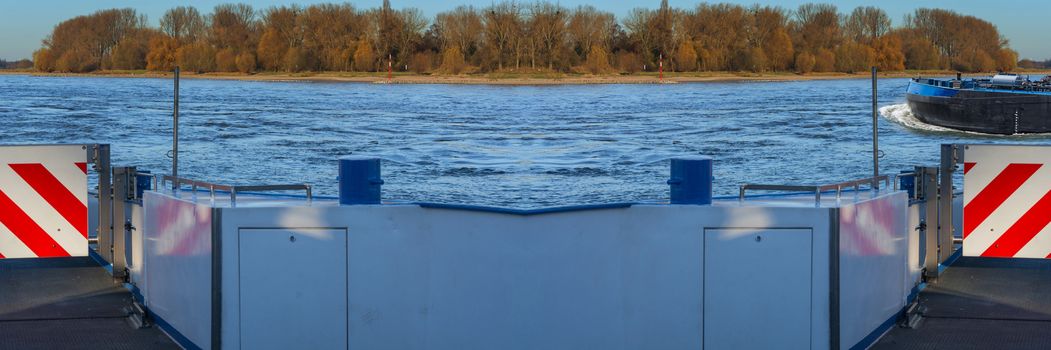 Ship traffic on the Rhine near Dormagen Zons in Germany.