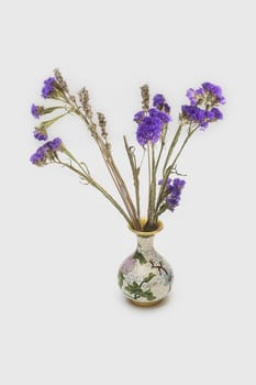 Porcelain vase with dried violet flowers on a white background