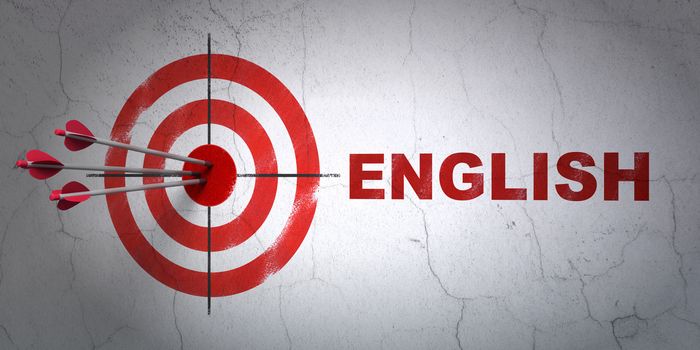 Success Studying concept: arrows hitting the center of target, Red English on wall background, 3D rendering