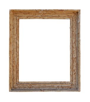 Vintage old antique pastel beige and brown painted rectangular picture frame with cracked paint isolated on white, close up