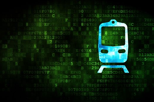 Travel concept: pixelated Train icon on digital background, empty copyspace for card, text, advertising