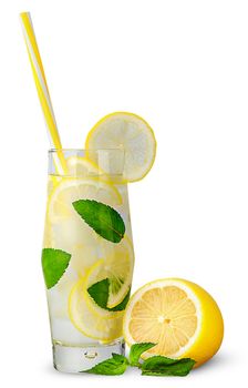 Glass of lemonade with straw isolated on white background