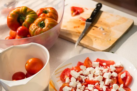 Traditional greek tomato salad with feta cheese.