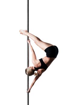 pole dance girl exercising and posing against white background