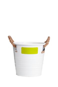 small white bucket with rope handles, isolated on white background