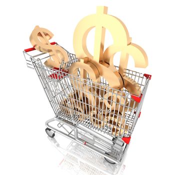 A shopping cart full with sign of american dollar isolated on white background