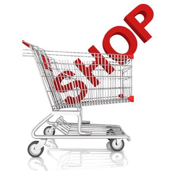 A shopping cart with shop word isolated on white background