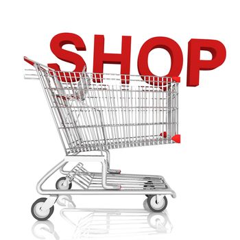 A shopping cart with shop word isolated on white background