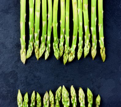 Arrangement of Fresh Asparagus Sprouts closeup on Black Slate background