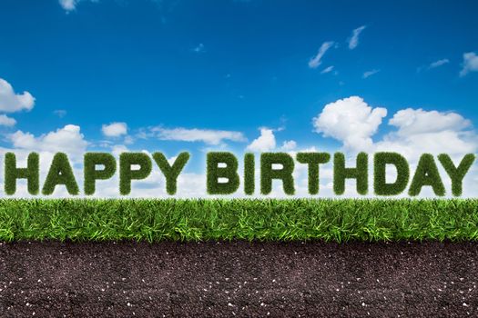 happy birthday text on green grass with soil on blue sky, 3d rendeirng