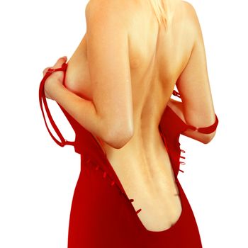 back of woman in red dress on white background