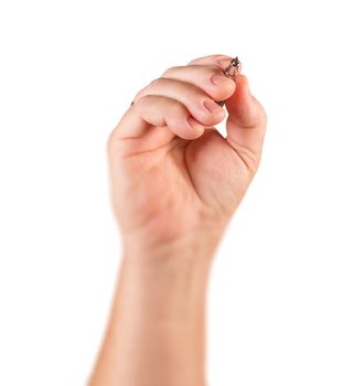 Male Hand Holding Drafting Pencil In Drawing Position Isolated on a White Background.