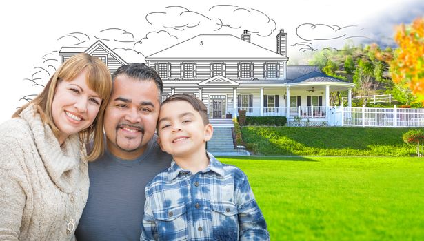 Mixed Race Hispanic and Caucasian Family In Front of Gradation of House Drawing and Photograph