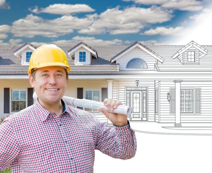 Male Contractor Wearing Hard Hat In Front of House Drawing Gradation Into Photograph.