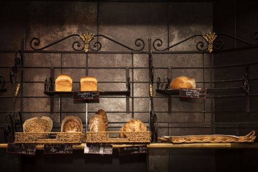 Freshly baked gourmet breads for sale in French bakery