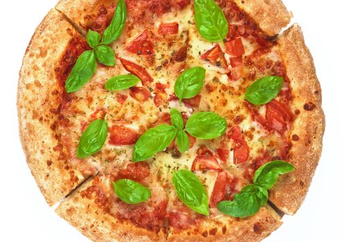 Homemade Freshly Baked Margherita Pizza with Tomatoes, Cheese and Basil Leafs ross Section on White background. Top View