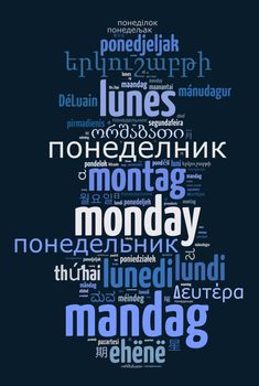 Word Monday in different languages word cloud concept in heart shape