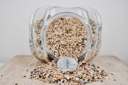 Digital currency physical silver Litecoin coin in fresh seeds from jar.