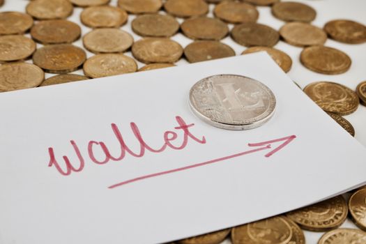 Digital currency physical silver Litecoin coin on paper with wallet sign.