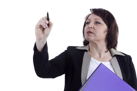 Portrait of an adult business woman confident with a pen and folder