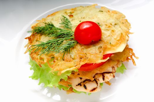 Homemade chicken burger on white background. Potato pancake chicken burger