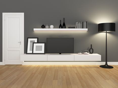 grey living room with tv stand and bookcase - rendering