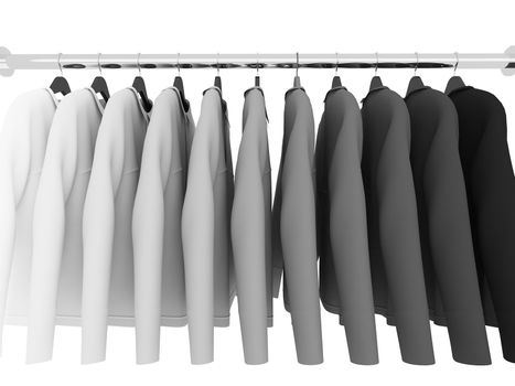 black and white  shirts with hangers isolated on white,3d